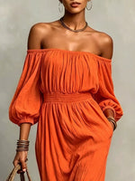 t Off-Shoulder Smocked Waist Maxi Dress