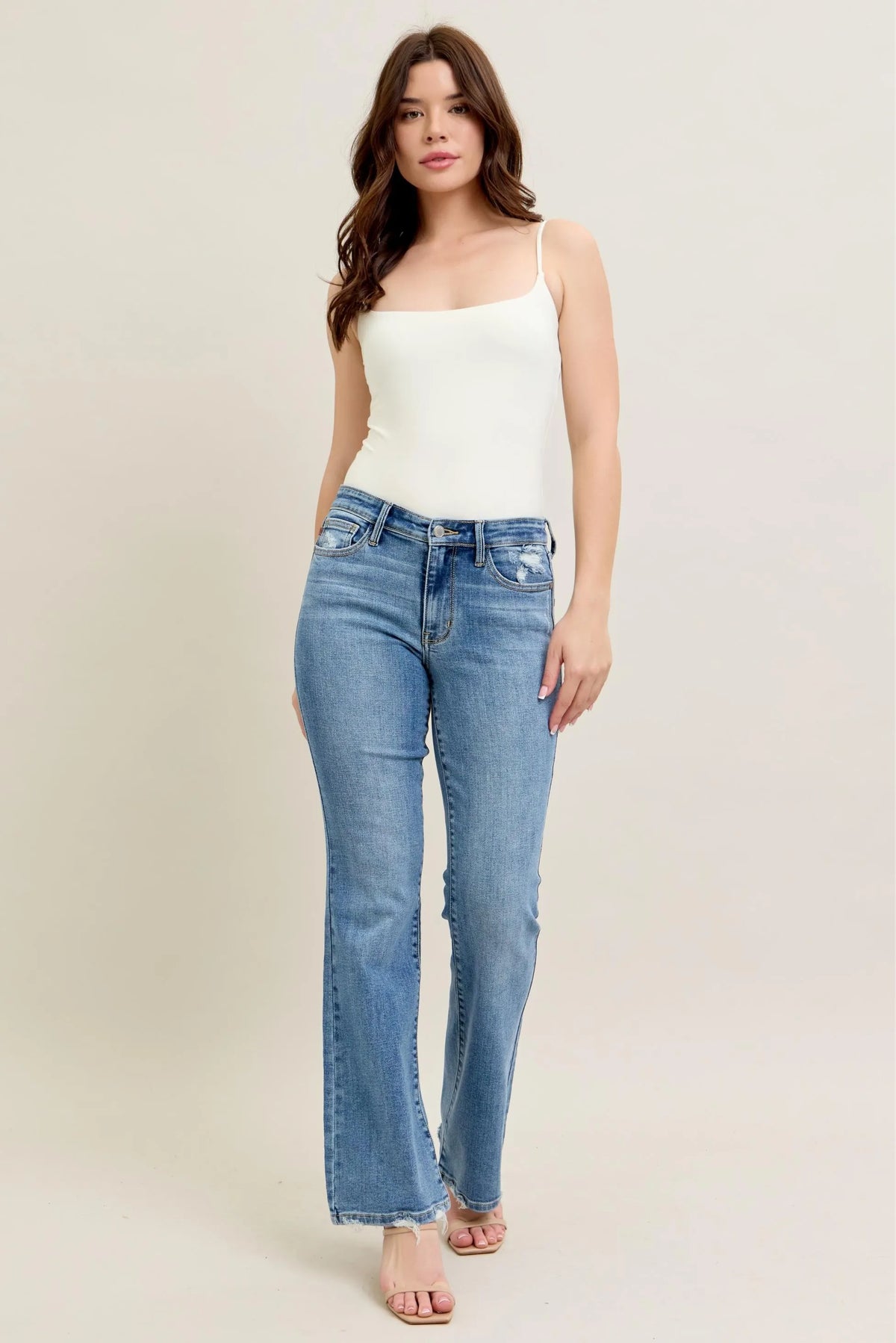 Judy Blue Full Size Mid Rise Wash Destroy Hem Bootcut Jeans Plus Size - Ladyez