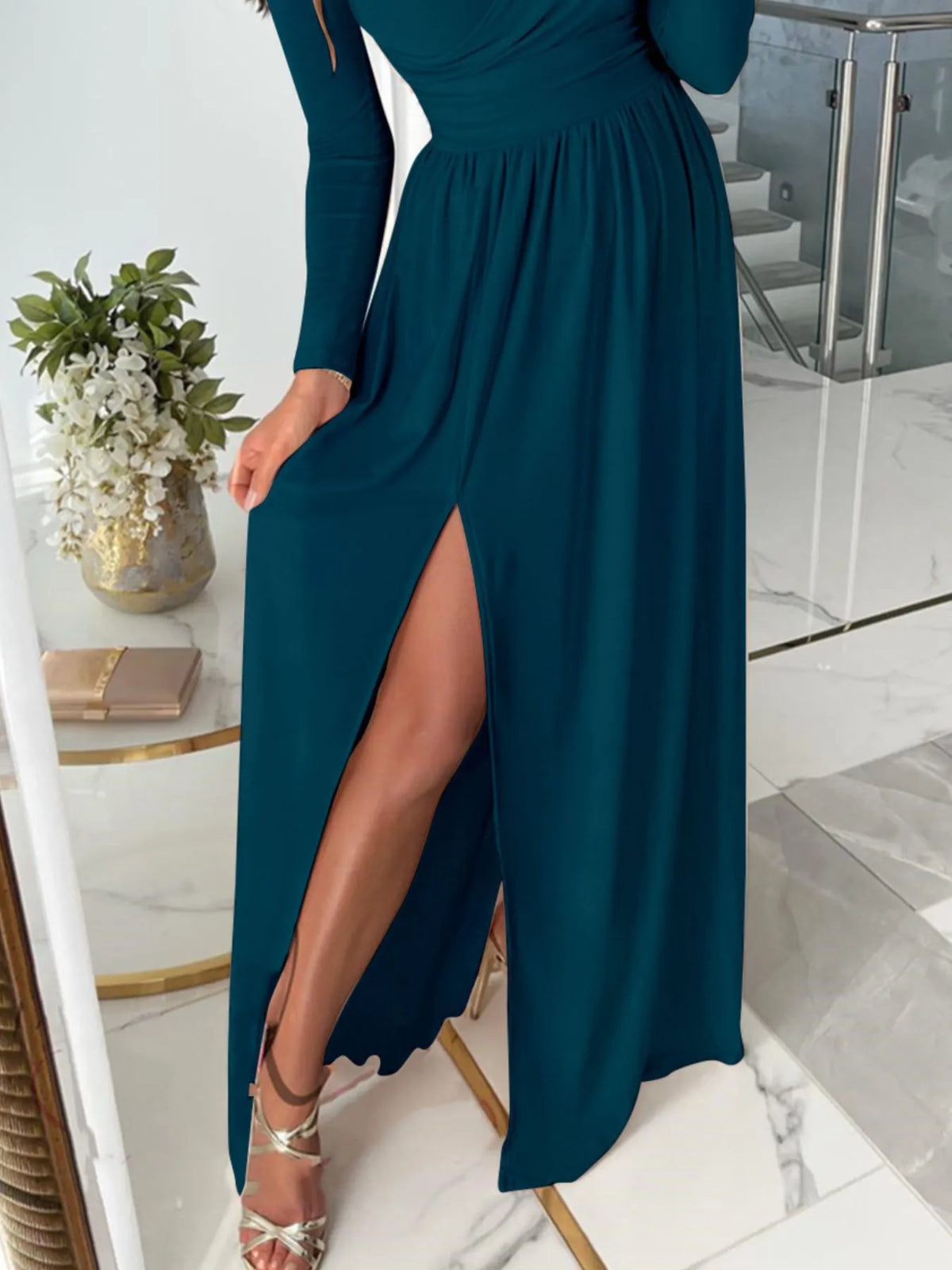 Full Size Slit Surplice Cutout Long Sleeve Maxi Dress Plus Size - Ladyez