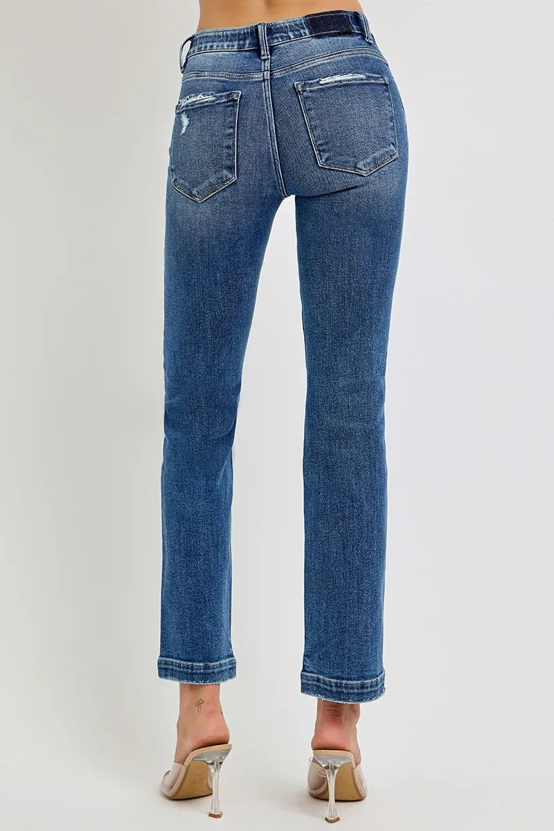 RISEN Full Size Tummy Control Elastic Band Mid Rise Straight Jeans Plus Size - Ladyez