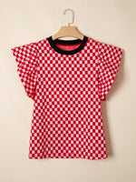 Checkered Print Ruffle Cap Sleeve Contrast Trim Round Neck Top