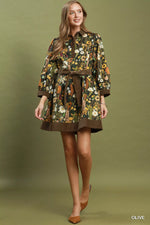Umgee Floral Print Belted Puff Sleeve Mini Dress