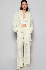POL Exposed Seam Button Down Hooded Jacket with Lace Detail