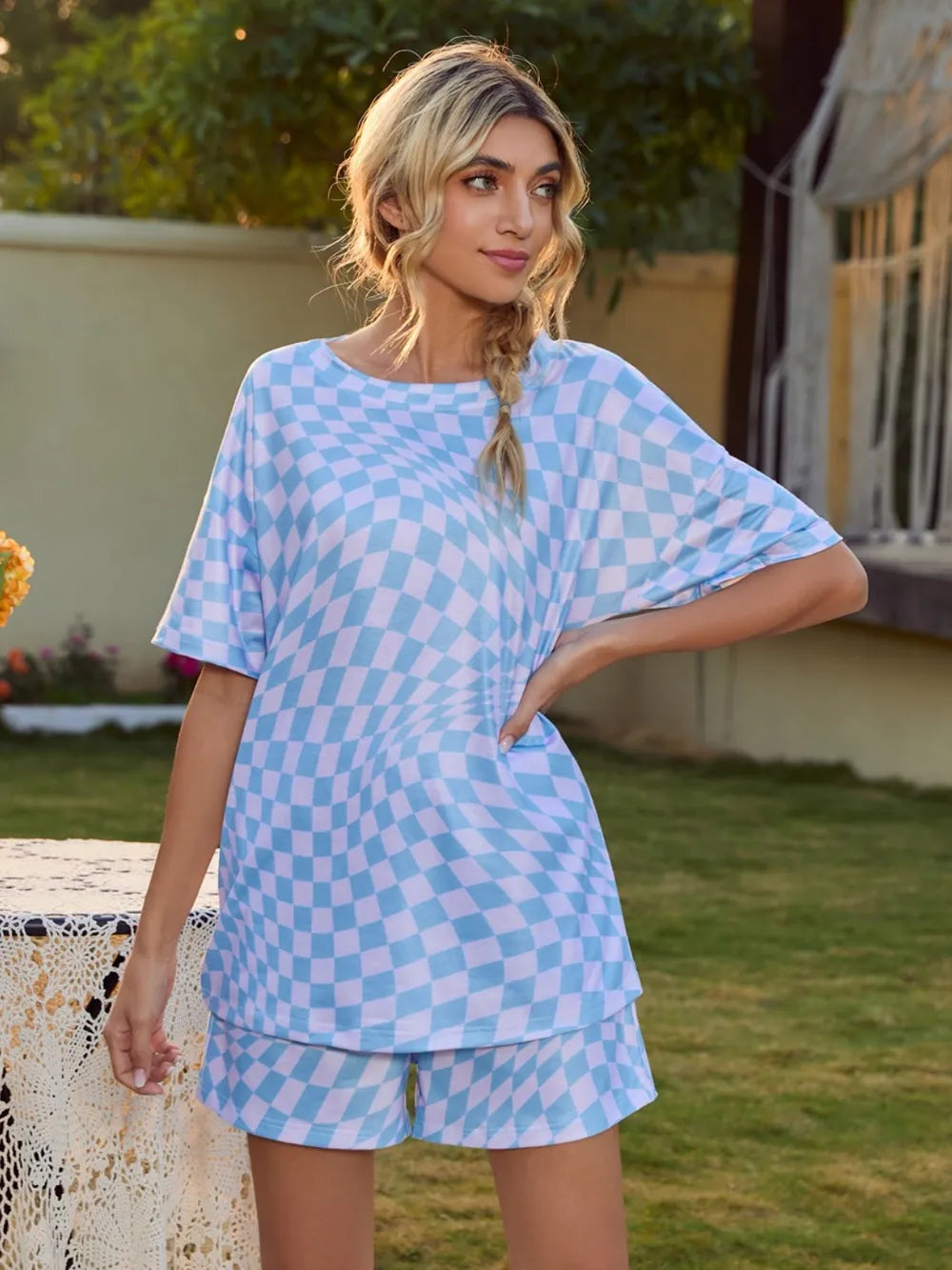 Plaid Round Neck Top and Shorts Lounge Set - Ladyez