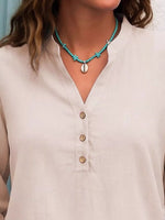 Full Size Button Detail Notched Long Sleeve Blouse Plus Size
