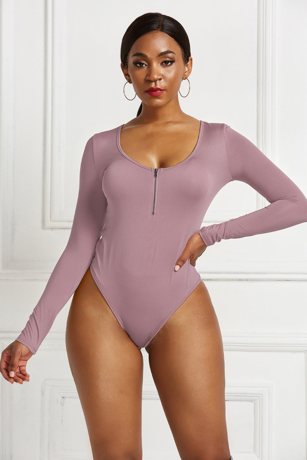 Half Zip Scoop Neck Long Sleeve Bodysuit - Ladyez