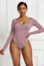 Half Zip Scoop Neck Long Sleeve Bodysuit - Ladyez