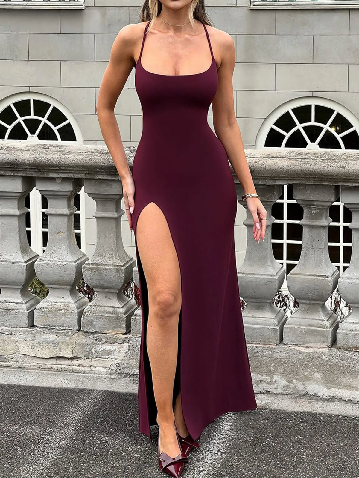 Backless Slit Scoop Neck Maxi Cami Dress - Ladyez