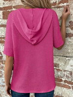 Drawstring Waffle-Knit Short Sleeve Hooded Top