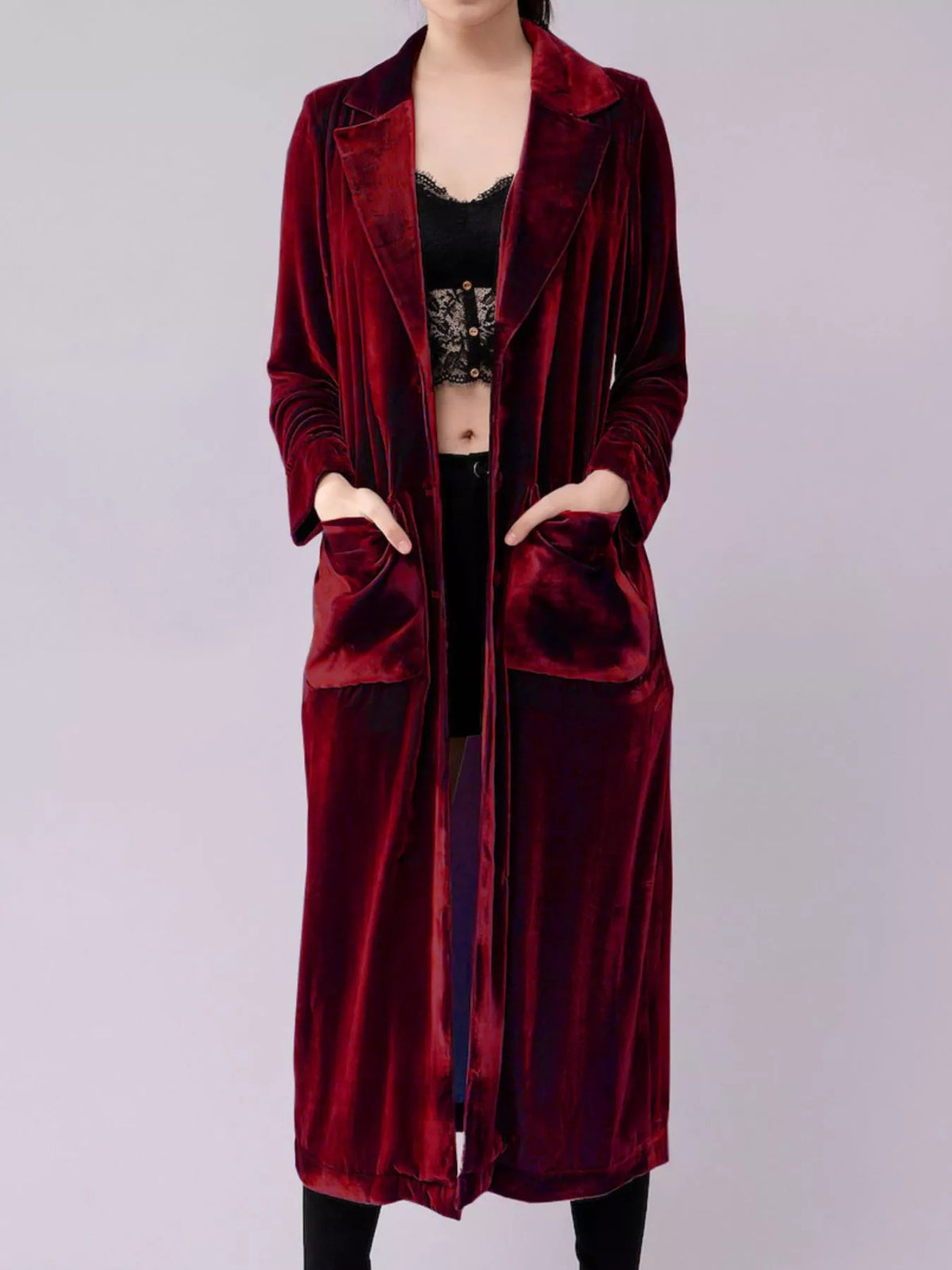 Velvet Lapel Collar Longline Coat