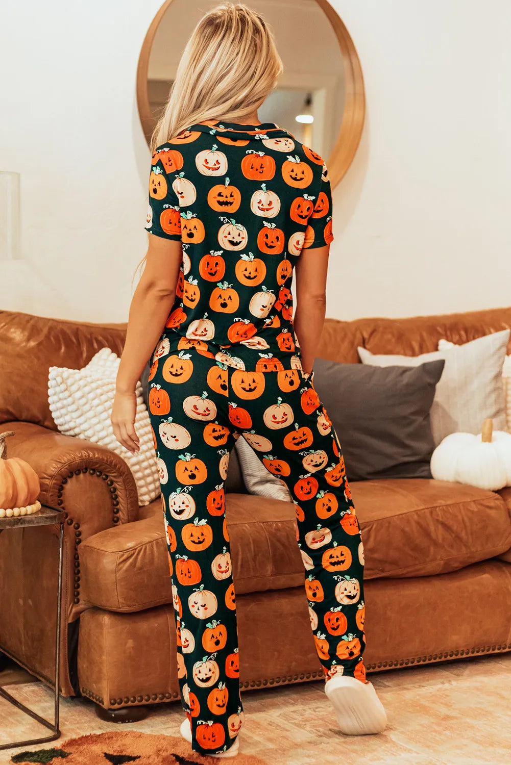 Pumpkin Printed Short Sleeve Top and Pants Lounge Set - Ladyez