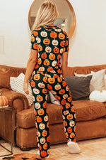 Pumpkin Printed Short Sleeve Top and Pants Lounge Set - Ladyez