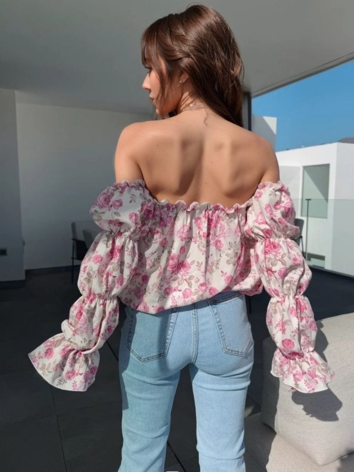Printed Off-Shoulder Flounce Sleeve Blouse - Ladyez