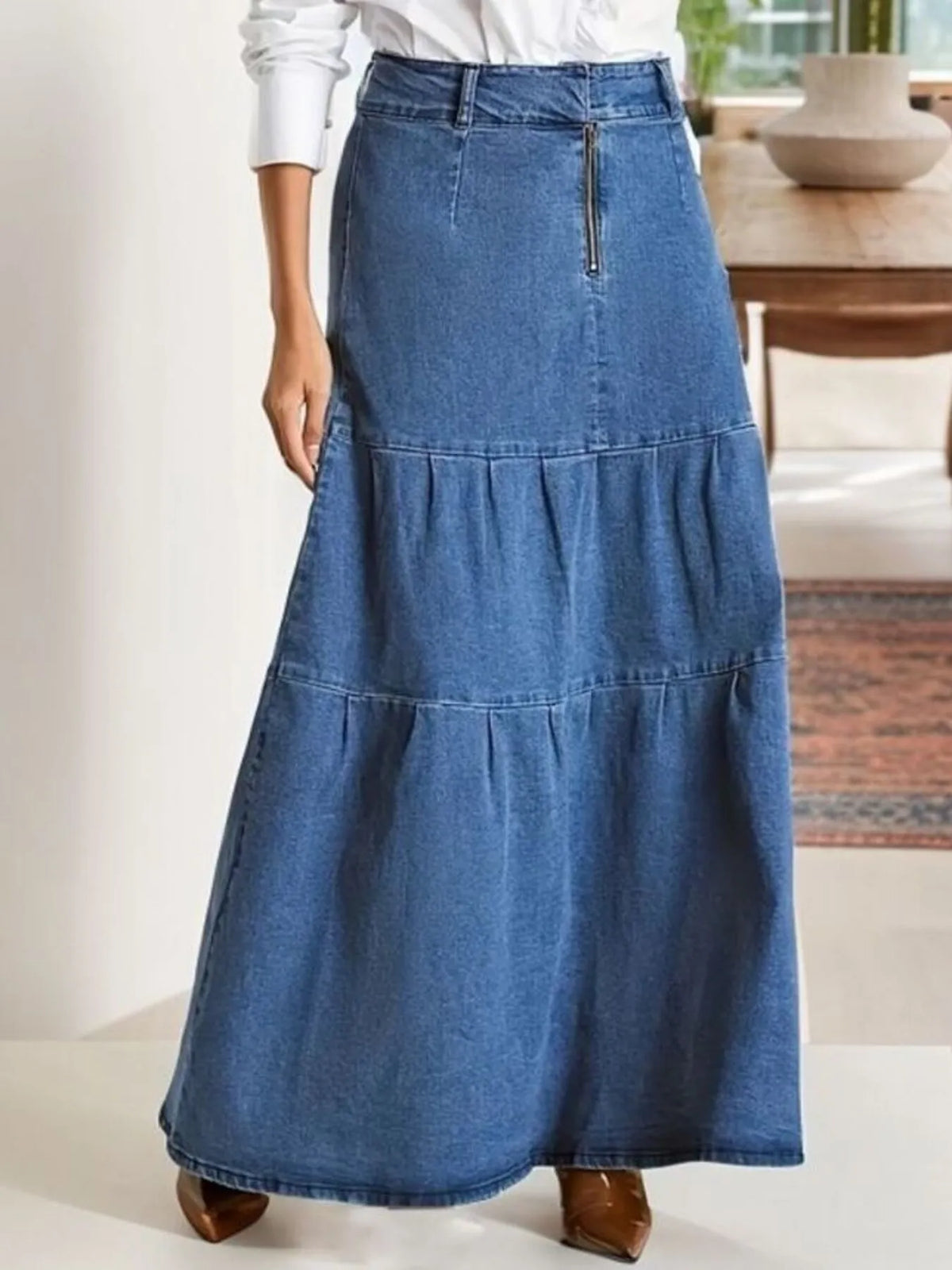 Tiered Maxi Denim Skirt with Zipper Detail - Ladyez