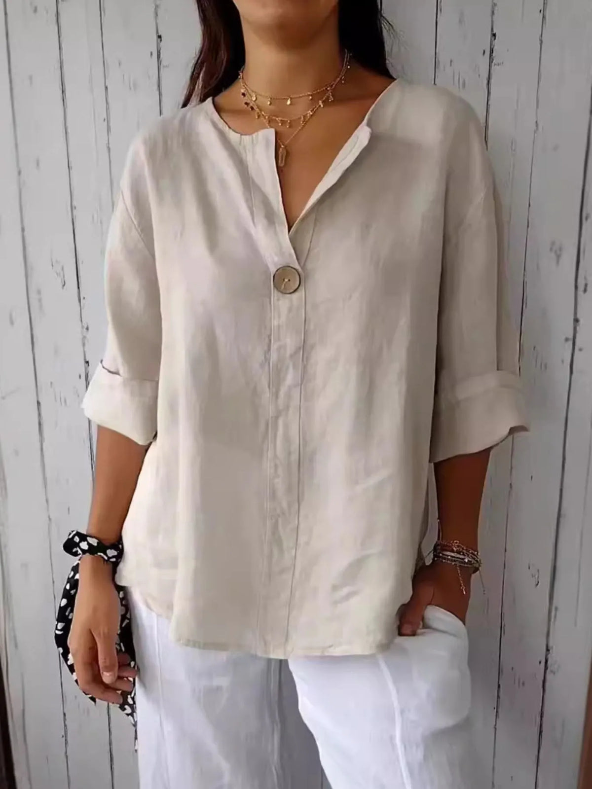 Full Size Linen Blend Notched Blouse Plus Size - Ladyez