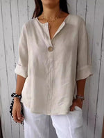 Full Size Linen Blend Notched Blouse Plus Size - Ladyez