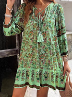 Floral Print Tassel Tie Neck Mini Dress