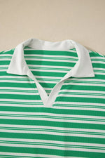 Stripe Collared V Neck Short Sleeve T Shirt Midi Dress with Pockets