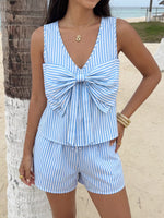 Striped Bowknot Sleeveless Top & Shorts Set