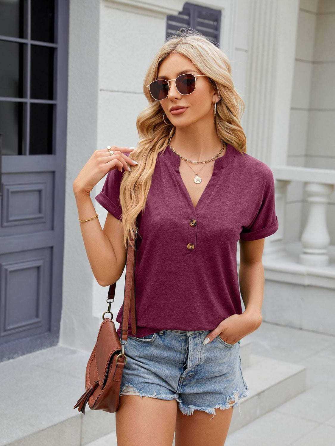 Florira Notched Short Sleeve T-Shirt - Ladyez