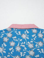 Floral Print Striped Trim Button Neck Short Sleeve Blouse