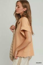 Umgee Half Zip Pullover with Scalloped Edge Hem