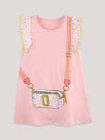 Children's Cartoon Bag Print Ruffled Dress