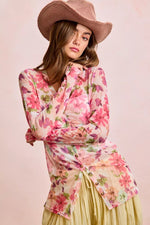 BiBi Floral Shrried Detail Button Up Mesh Cardigan Top