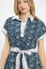 Umgee Border Print Belted Shirt Dress