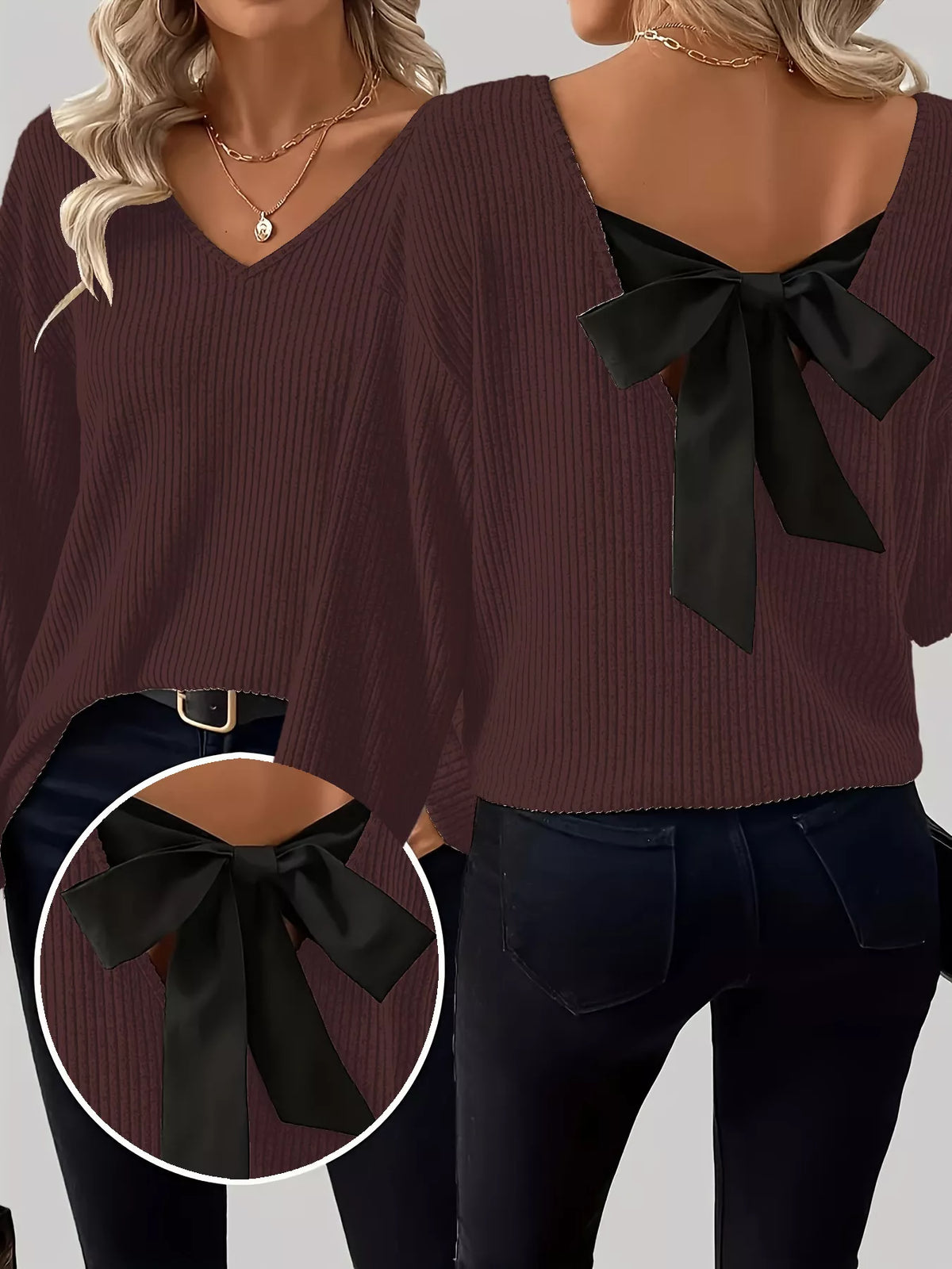 Full Size Ribbed Knit Backless Bow T-Shirt Plus Size