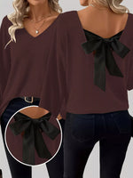 Full Size Ribbed Knit Backless Bow T-Shirt Plus Size