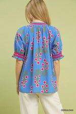 Umgee Floral V-Neck Puff Sleeve Top