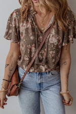 Floral Print Tassel Tie Split Neck Short Sleeve Blouse - Ladyez