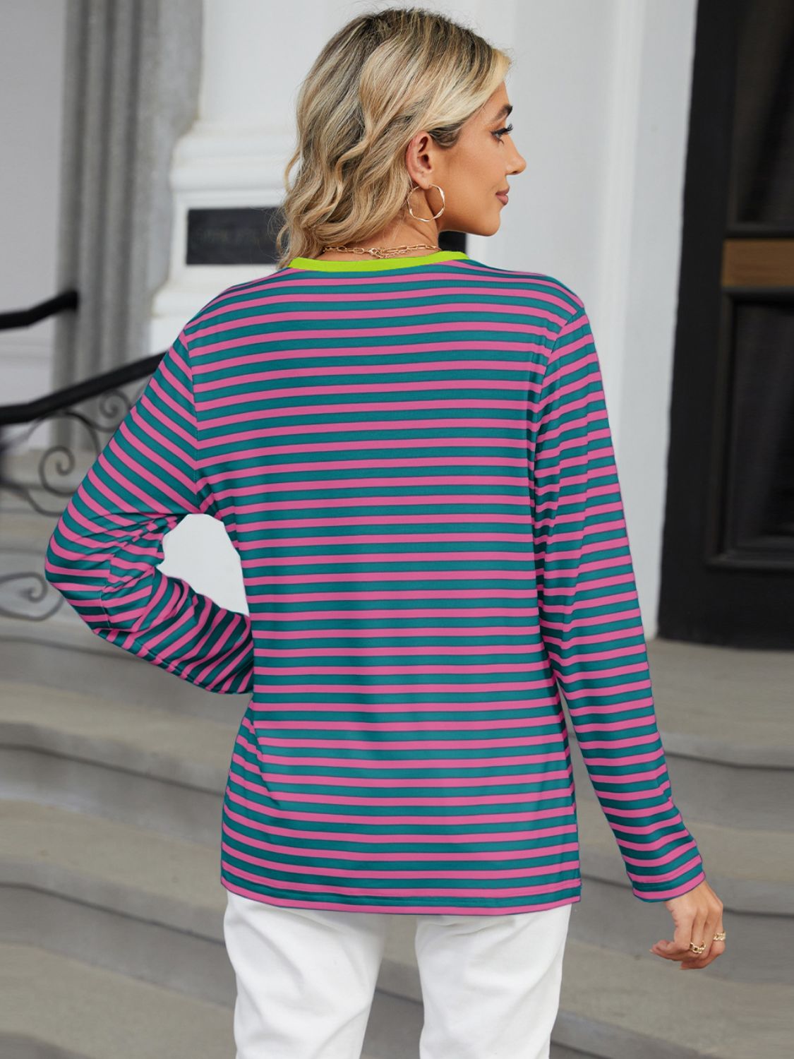 Striped Notched Long Sleeve T-Shirt - Ladyez