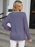 Striped Notched Long Sleeve T-Shirt - Ladyez