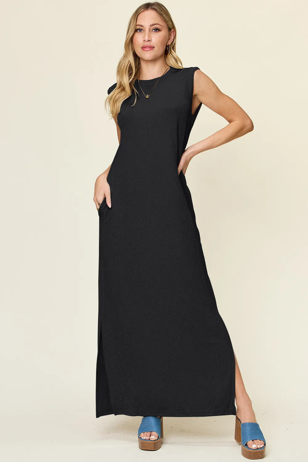 Double Take Full Size Texture Mock Neck Sleeveless Maxi Dress - Ladyez