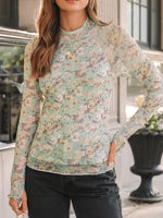 Floral Mock Neck Long Sleeve T-Shirt - Ladyez