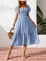 Floral Print Smocked Ruffle Sleeves Dress