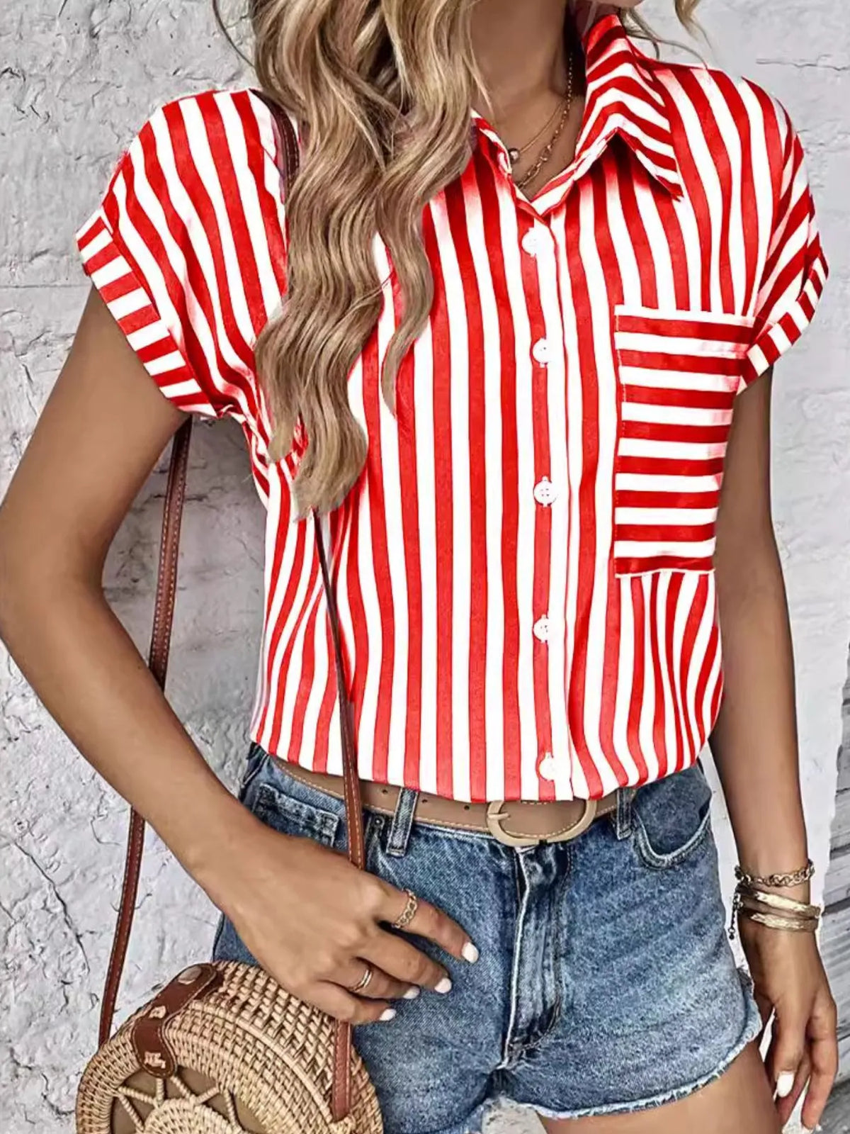 Striped Button-Up Short Sleeve Shirt with Pocket - Ladyez