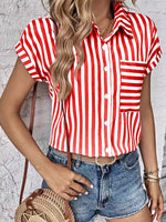 Striped Button-Up Short Sleeve Shirt with Pocket - Ladyez