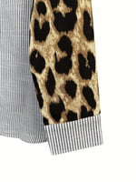 Leopard Print Sleeve Striped Button-Down Shirt