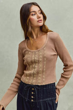 SO ME Vintage Washed Lace Crop Thermal Washed Knit Top