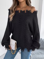 Distressed Hem Openwork Off-Shoulder Sweater