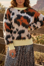 Leopard Print Drop Shoulder Long Sleeve Round Neck Sweater
