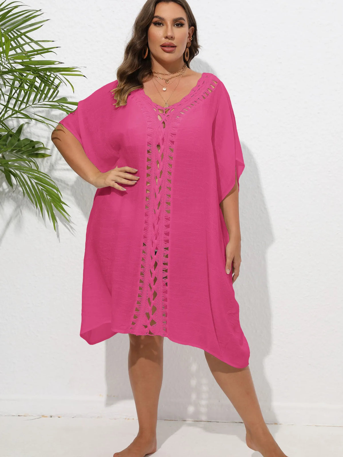 Crochet Trim V-Neck Beach Cover Up Dress - Ladyez