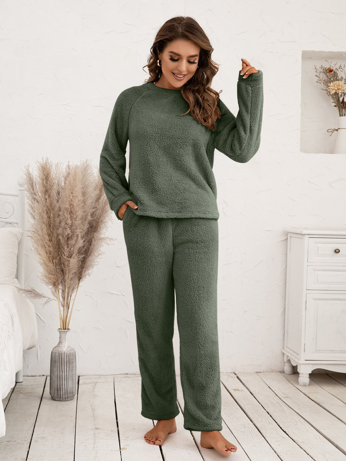 Ivy Lane Teddy Long Sleeve Top and Pants Lounge Set - Ladyez