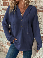 Waffle Knit Long Sleeve Drawstring Hooded Top - Ladyez