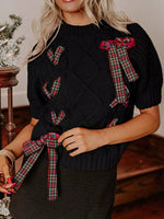 Plaid Bow Short Sleeve Sweater