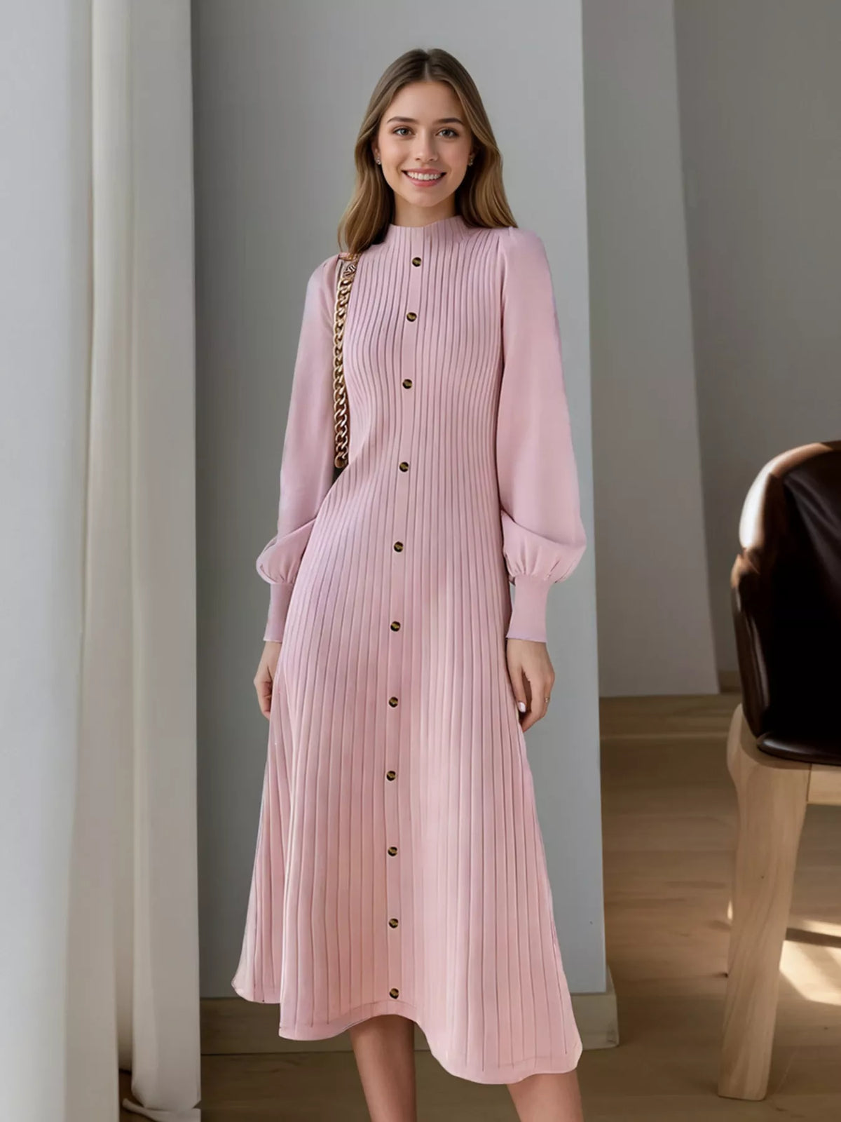 Ribbed Knit Mock Neck Midi Dress