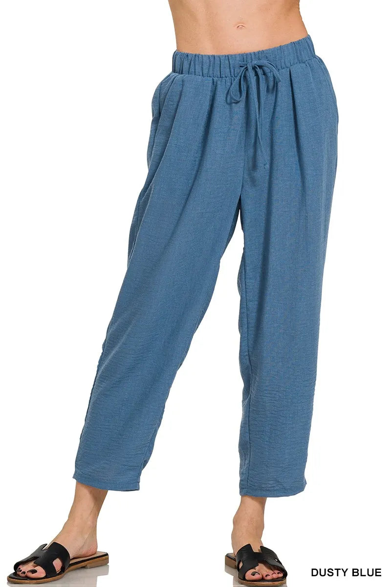 Zenana Woven Crepe Elastic Band Waist Pants
